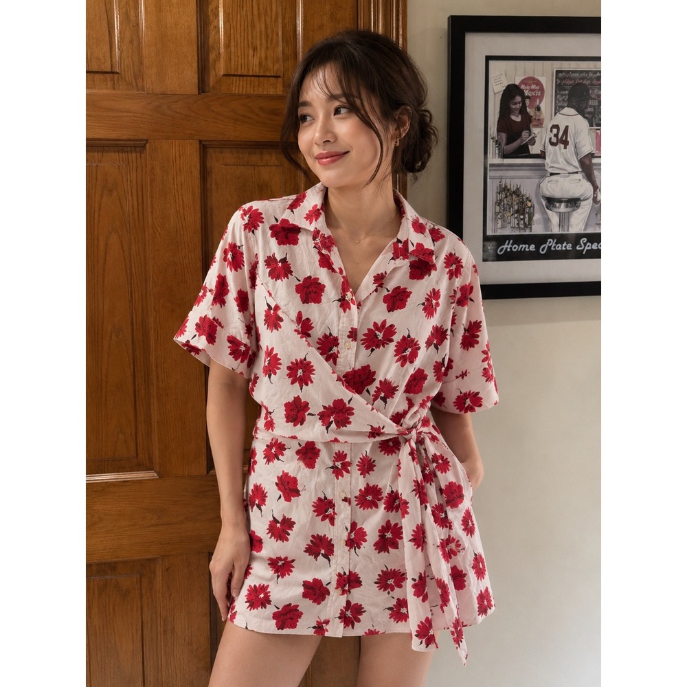 Free Assembly Pink Red Floral Wrap Shirt Dress Womens XXL‎ Button Front